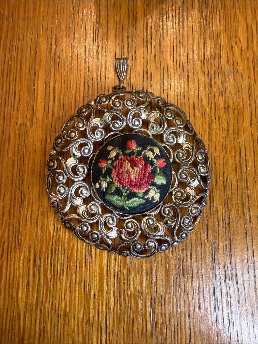 Handcrafted Silver-Tone Filigree Pendant with Red Floral Needlepoint